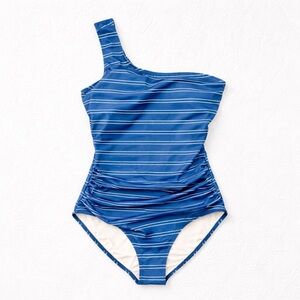 Nani One Shoulder Swimsuit Coastal Nautical Striped Ruched Cutout M Blue B10